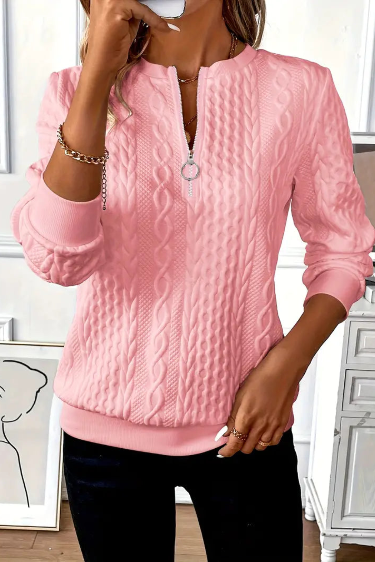 Amélie – Pletený svetr se zipem a copánkovým vzorem