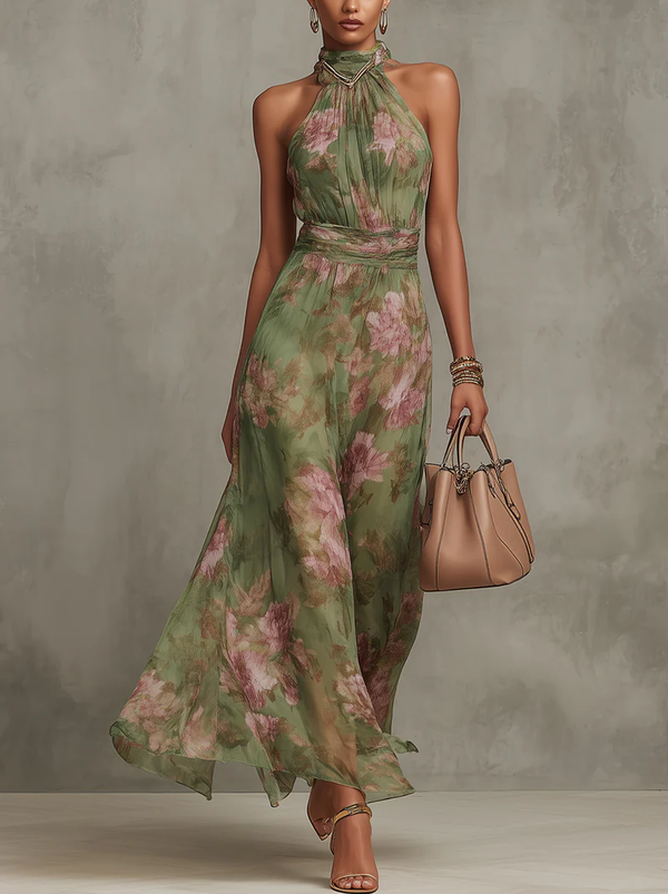 Livia – Elegantní květinové maxi šaty s halter výstřihem
